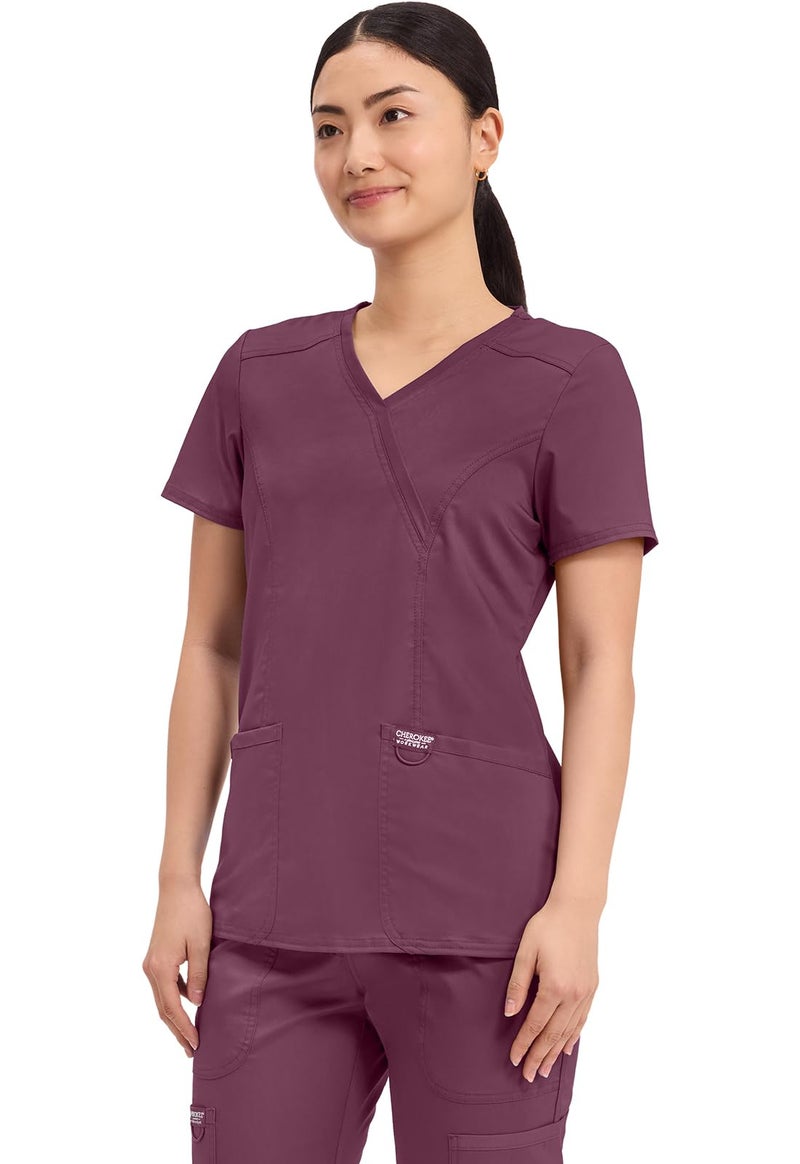 Cherokee Scrubs Top for Women Mock Wrap with 3 Pockets, Soft, 2-Way Stretch & Durable Fabric - WW610, M, Wine - Image 2